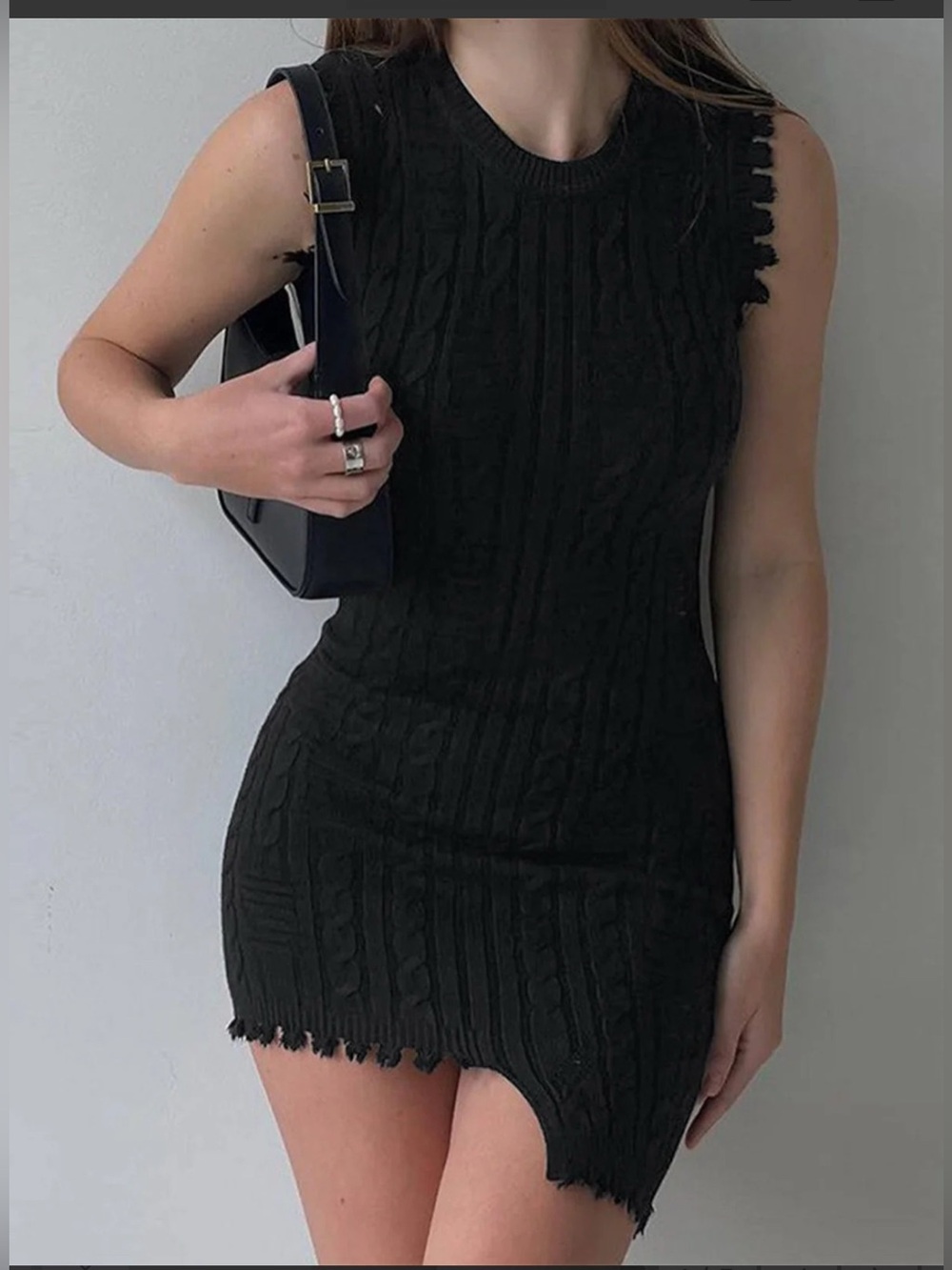 Asymmetrical Black Sleeveless Ribbed Knit Sweater Dress w/ Fringe Hem